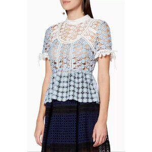 Self Portrait Blouse Top Petal Panelled Top Baby Blue Size 0 UK4 Orig Price $340